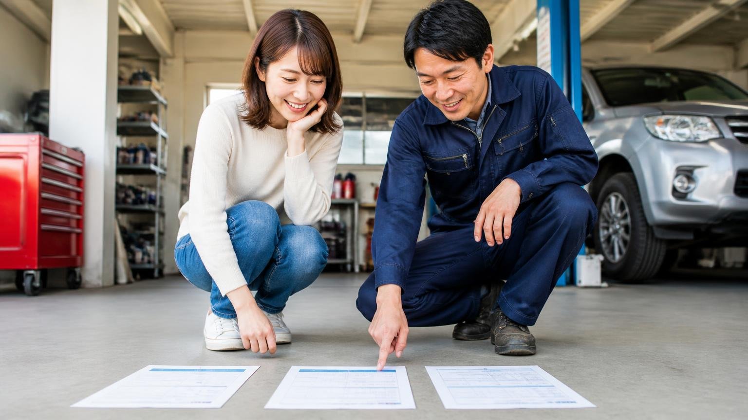評判を読んだら次は金額を並べる 夕方の車庫で3枚の見積書を並べて指をさす場面 男女2人 晴れやかな表情