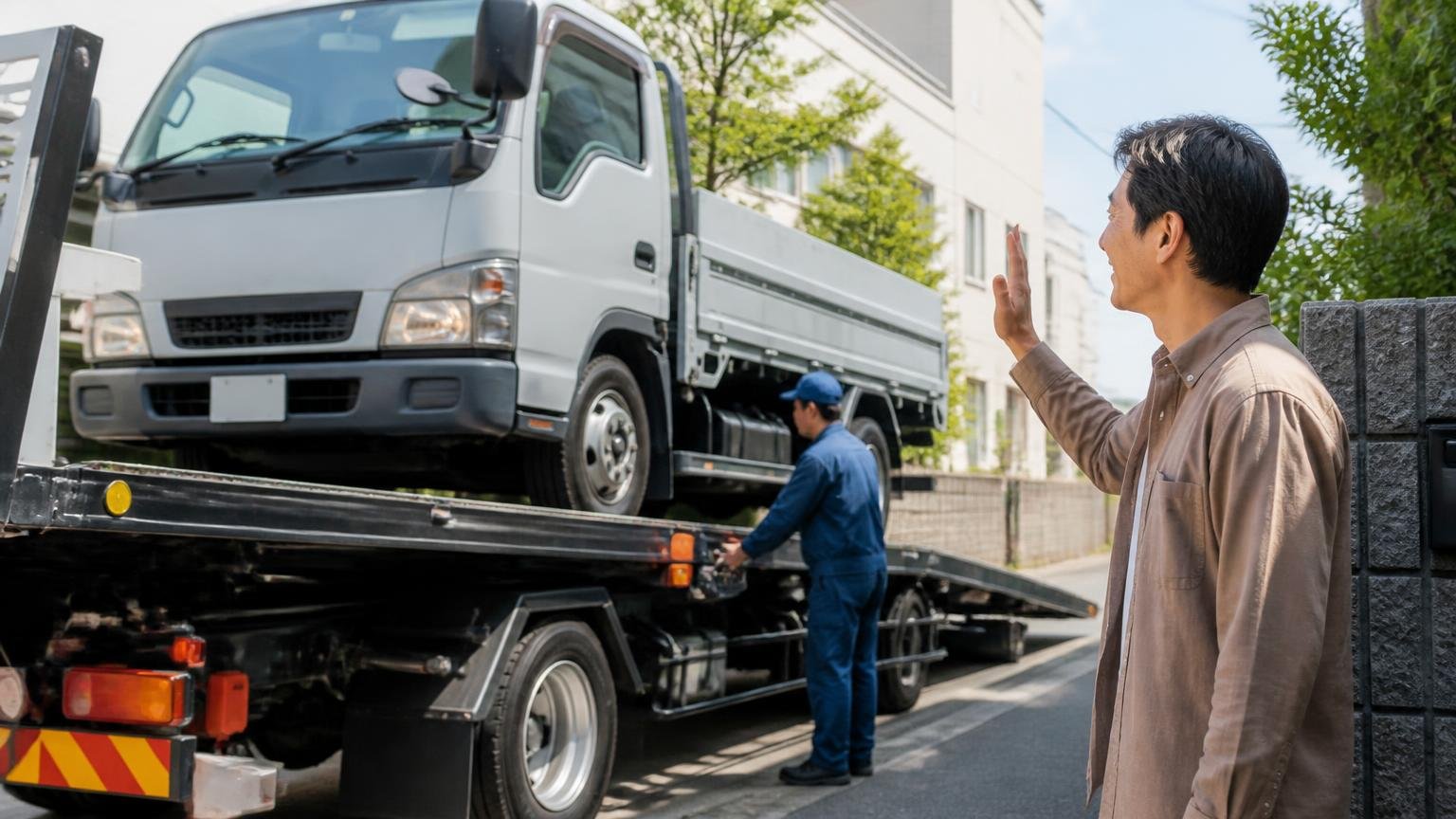 迷っているなら、まず無料の出張査定を2社。積車に載せられるトラックの前。40代男性が見送りながら安堵の表情