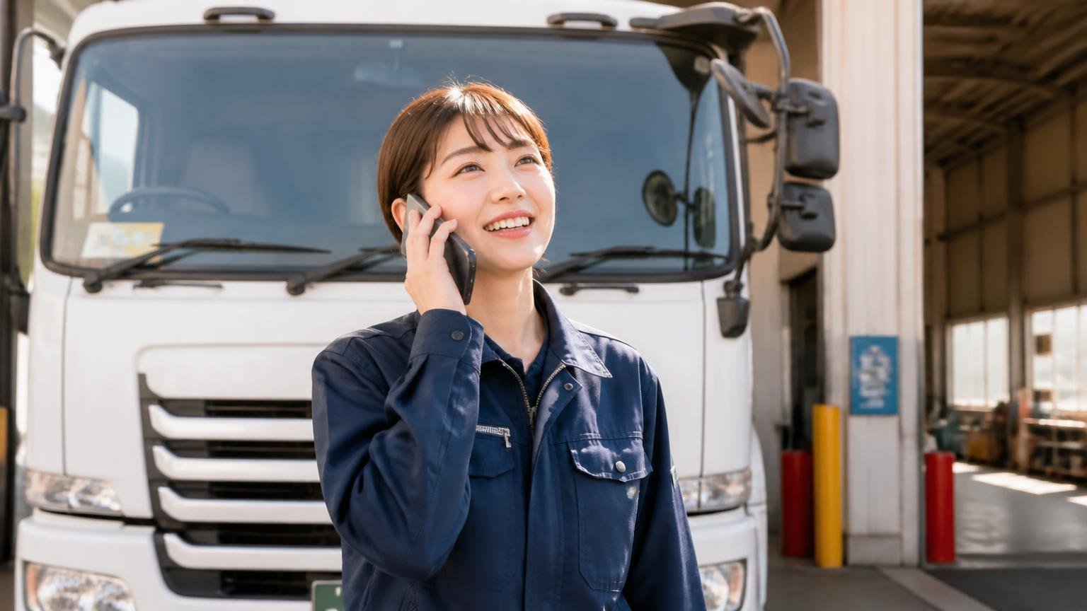 今日からできる3ステップ。朝の車庫でトラックの前に立ち電話をかける女性1人が晴れやかな表情