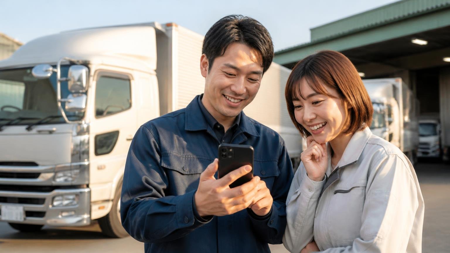 評判を読んで迷ったら、まず金額を並べる。無料査定に対応したトラック買取業者3選 夕方の営業所前でトラックを背にスマホで査定を申し込み笑顔になる男女2人
