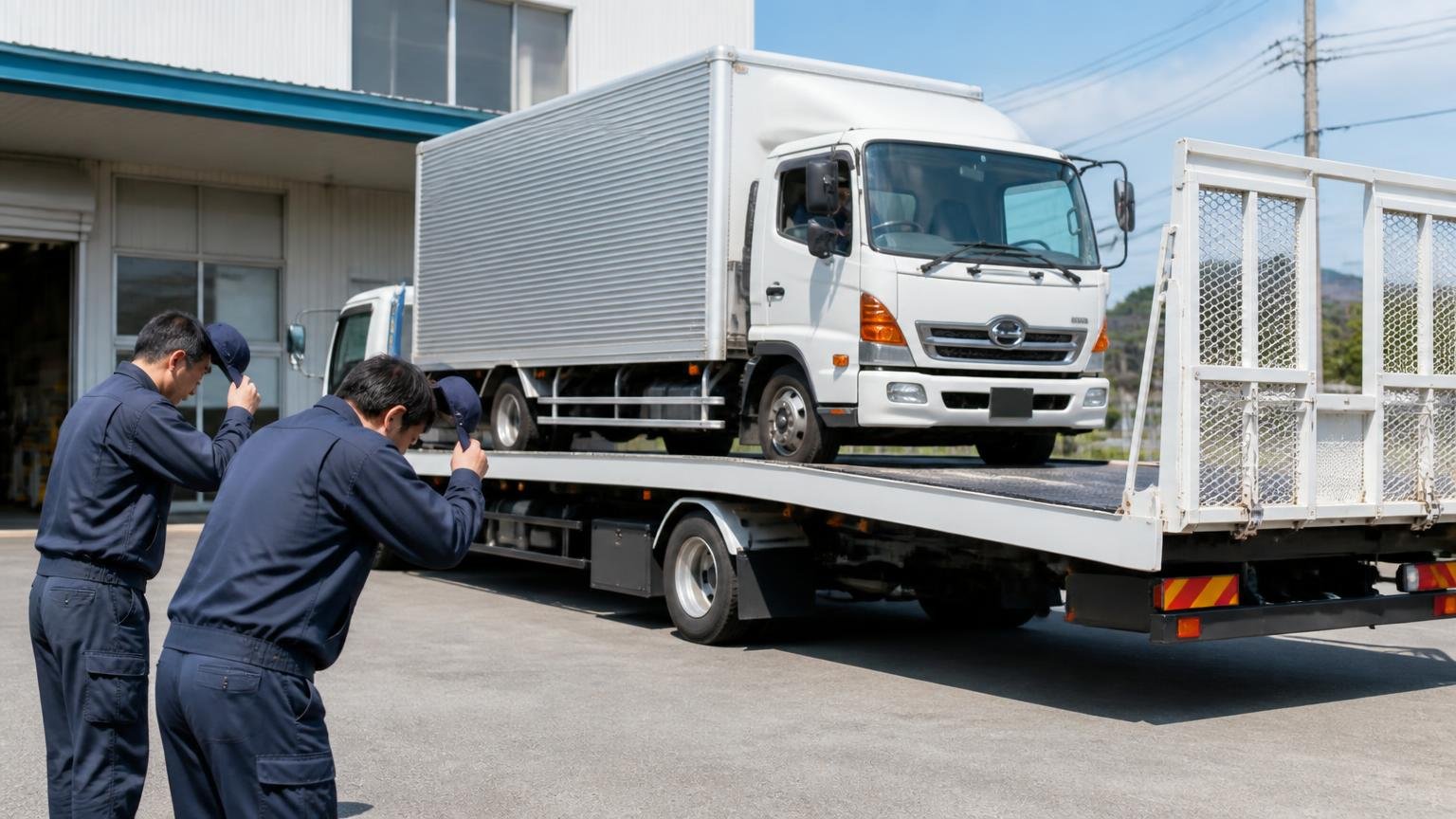 カネタグループの評判に関するよくある質問 営業所前で積車に載せられるトラックを見送る場面 男性2人 帽子を取って一礼する