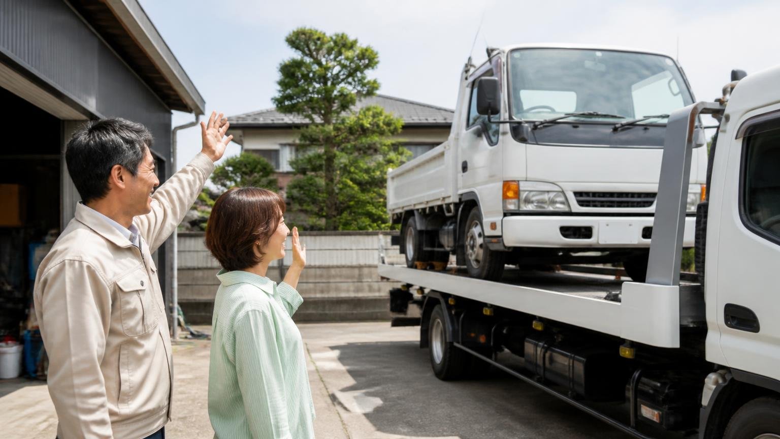 評判を読んで迷ったら、まず金額を並べる。出張査定と書類代行が無料のトラック買取業者3選、車庫で積車に載って出ていくトラックを笑顔で見送る男女2人