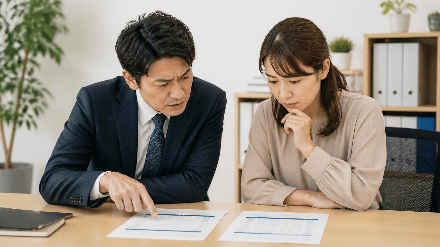 評判を確認したあと最初に金額を並べる相手。事務所の机に2枚の見積書を並べて見比べる男女
