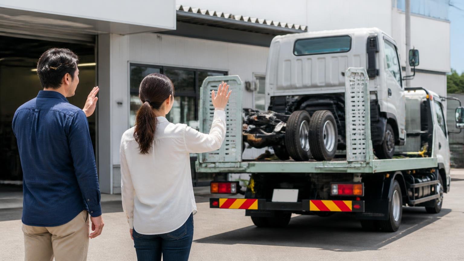 最後に。金額を並べる相手が決まっていない人へ。営業所の前で積車に載せられるトラックを見送る男性と女性