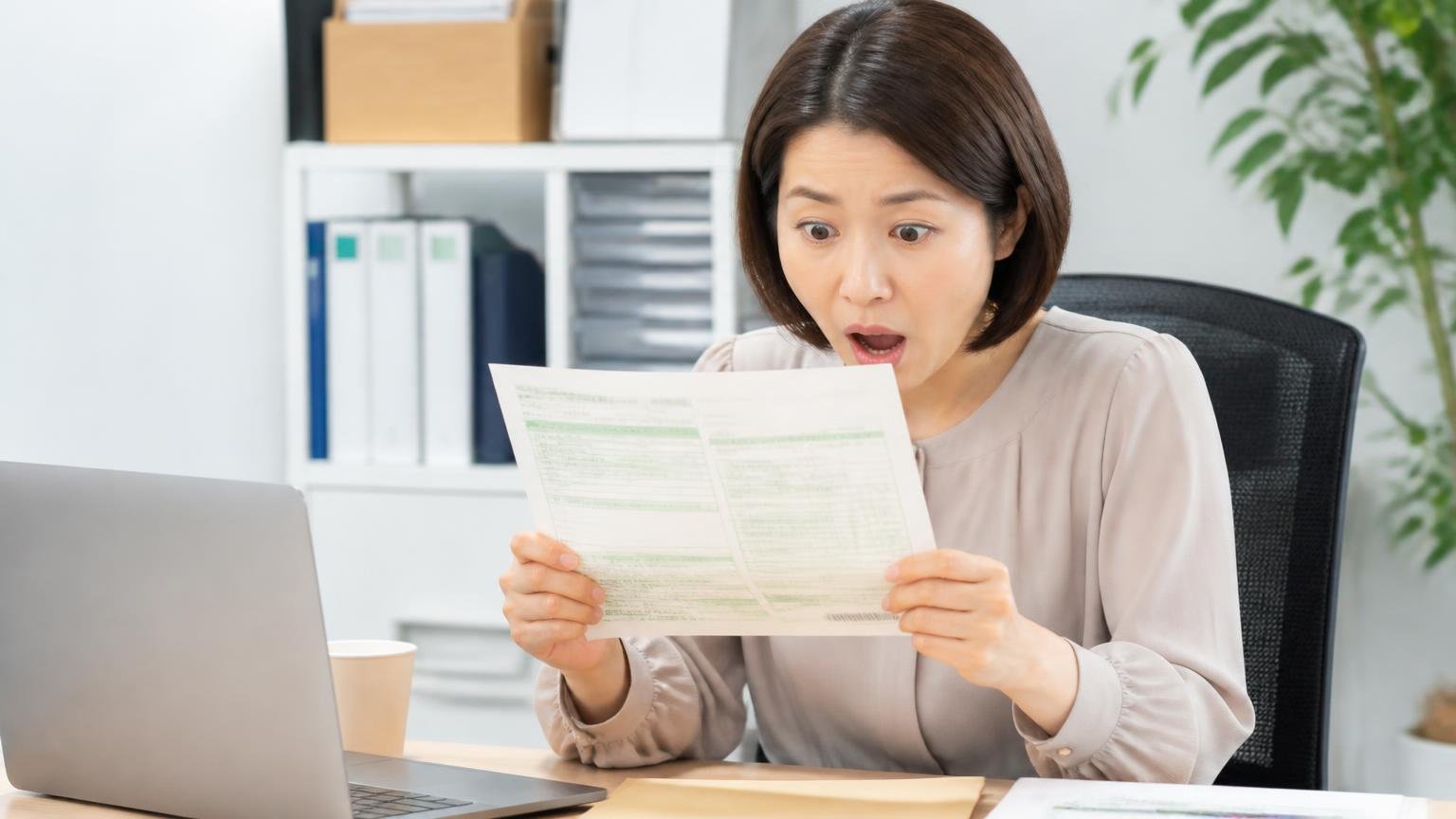 名義変更で売る場合の自動車税の扱い。事務所で納税通知書を手にした女性1人が驚いた表情で書類を見る