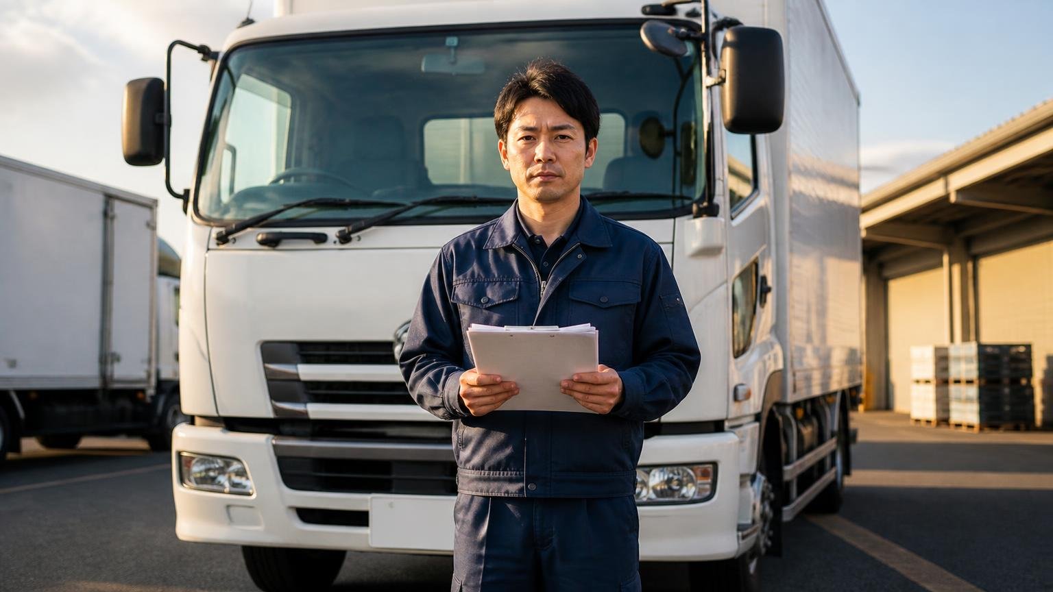 まず1社金額を並べる相手を用意してから決めましょう 夕方の車庫でトラックの前に立ち書類を手に前を向く男性1人