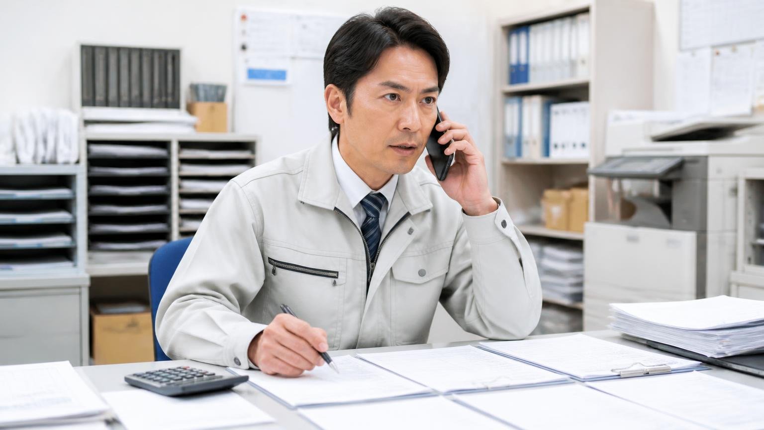 評判を読み終えたら次は金額を並べる／営業所の事務所で複数の見積書を前にスマホで電話をかける男性1人／決意した表情で前を向く