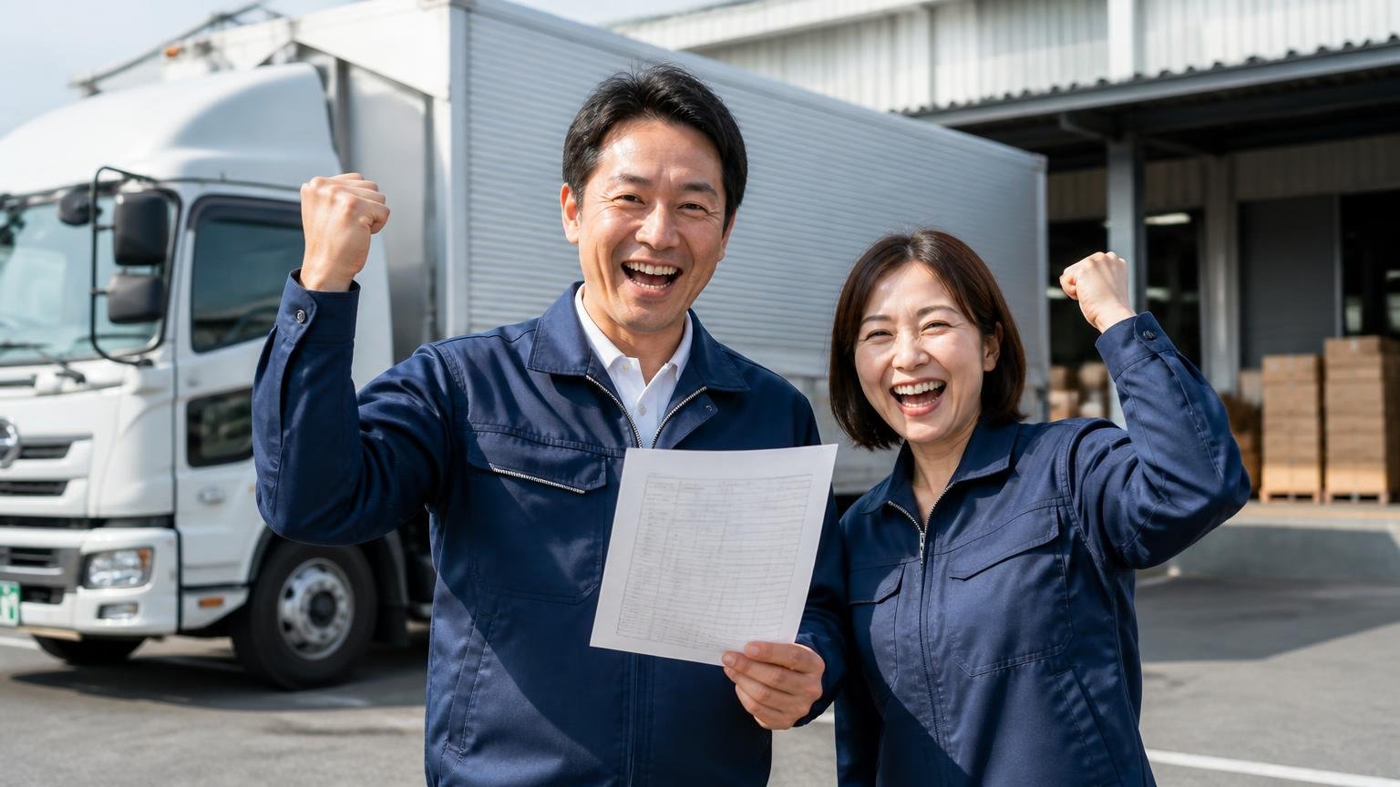 地場業者の金額と並べる比べ方。営業所の前でトラックを背に見積書を手にガッツポーズをする運送会社の夫婦