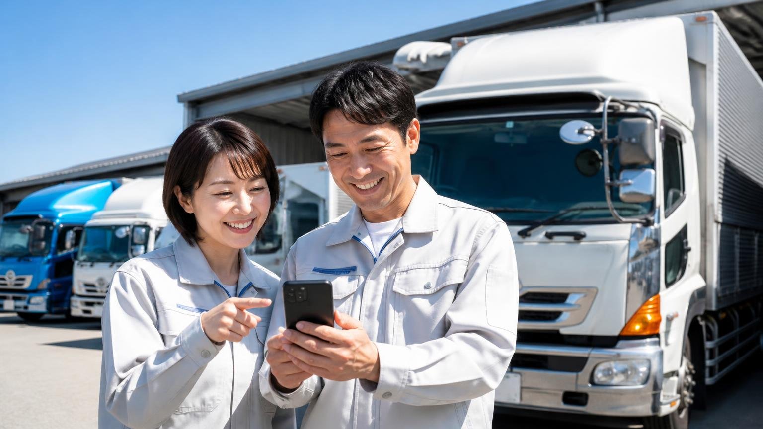 地元の見積もりと並べる相手に｜当サイトおすすめのトラック買取業者3選 晴れた車庫でトラックの前に立ち、スマホで無料査定を申し込む笑顔の運送会社の夫婦