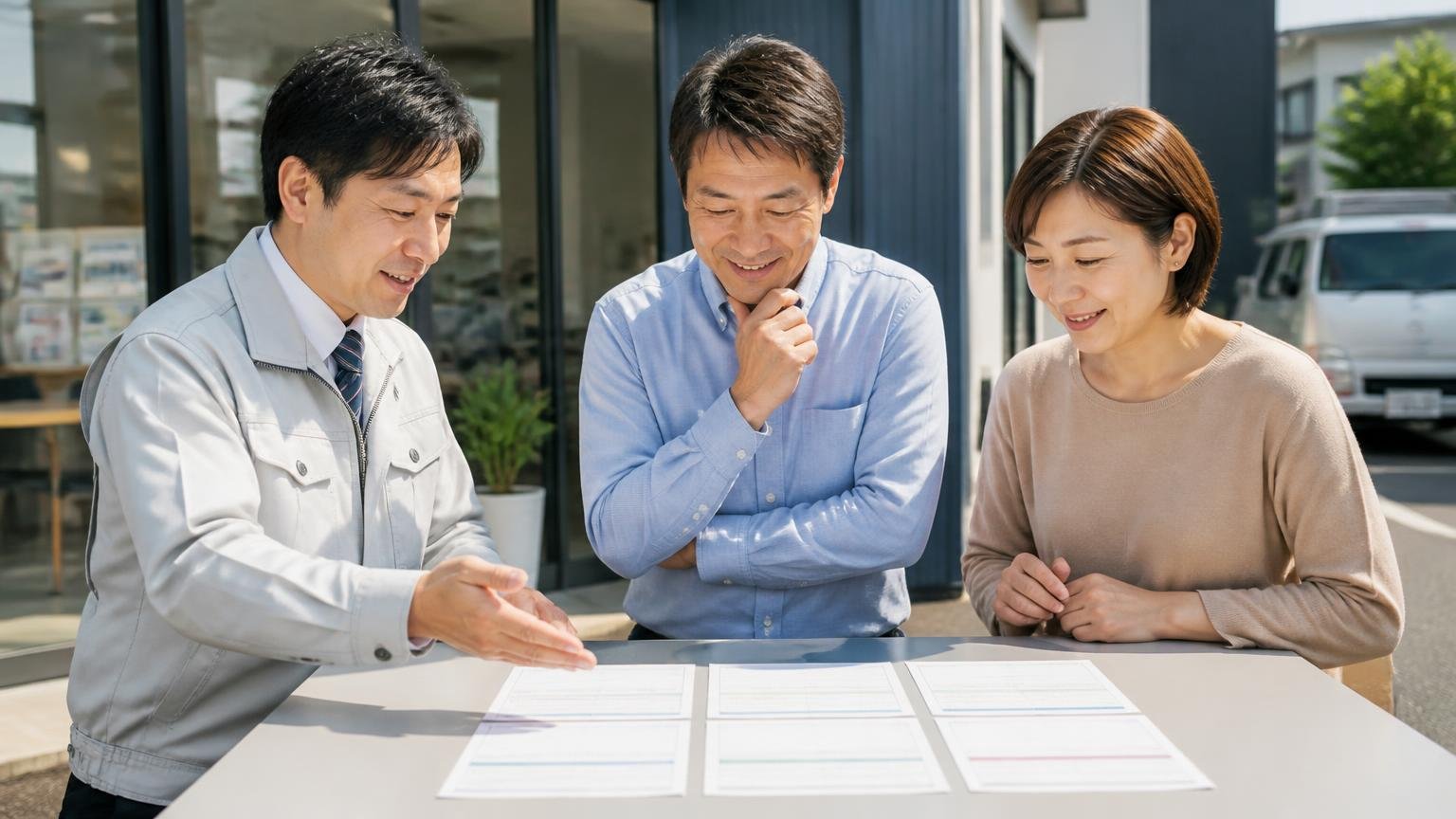 評判を確認したら次は金額を横に並べる 営業所の前 男女3人 見積書を並べ納得した表情で頷く