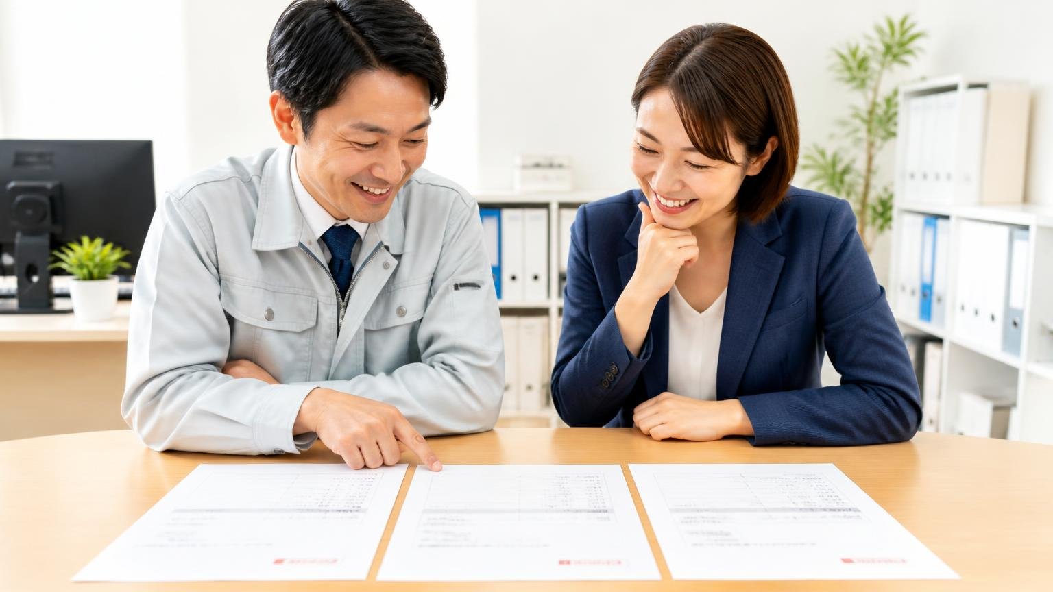 評判を読んで迷ったらまず金額を並べる 事務所の机に3枚の見積書を広げて笑顔で見比べる男女2人