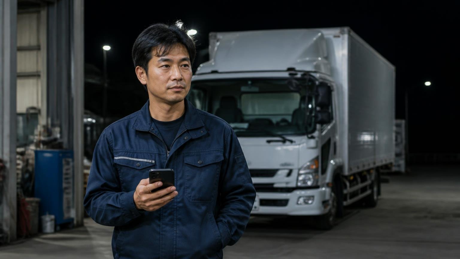 今日やること2つ。夜の車庫でトラックを背に、男性がスマホを手に落ち着いた表情で立っている