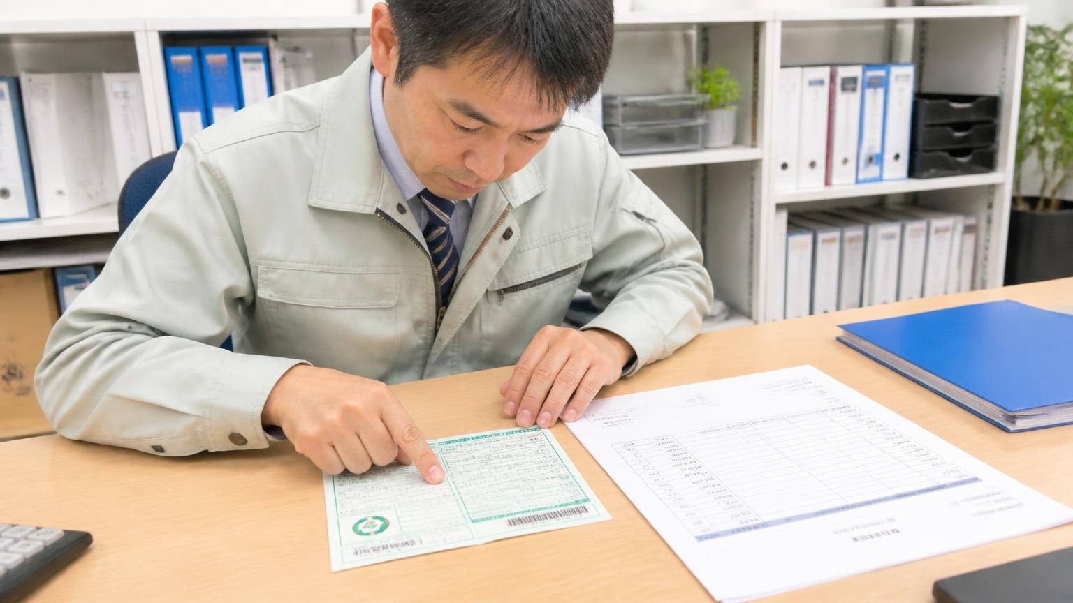 リサイクル料金相当額の扱いを確認する。事務所の机でリサイクル券と見積書を並べる男性1人が指差して確認する