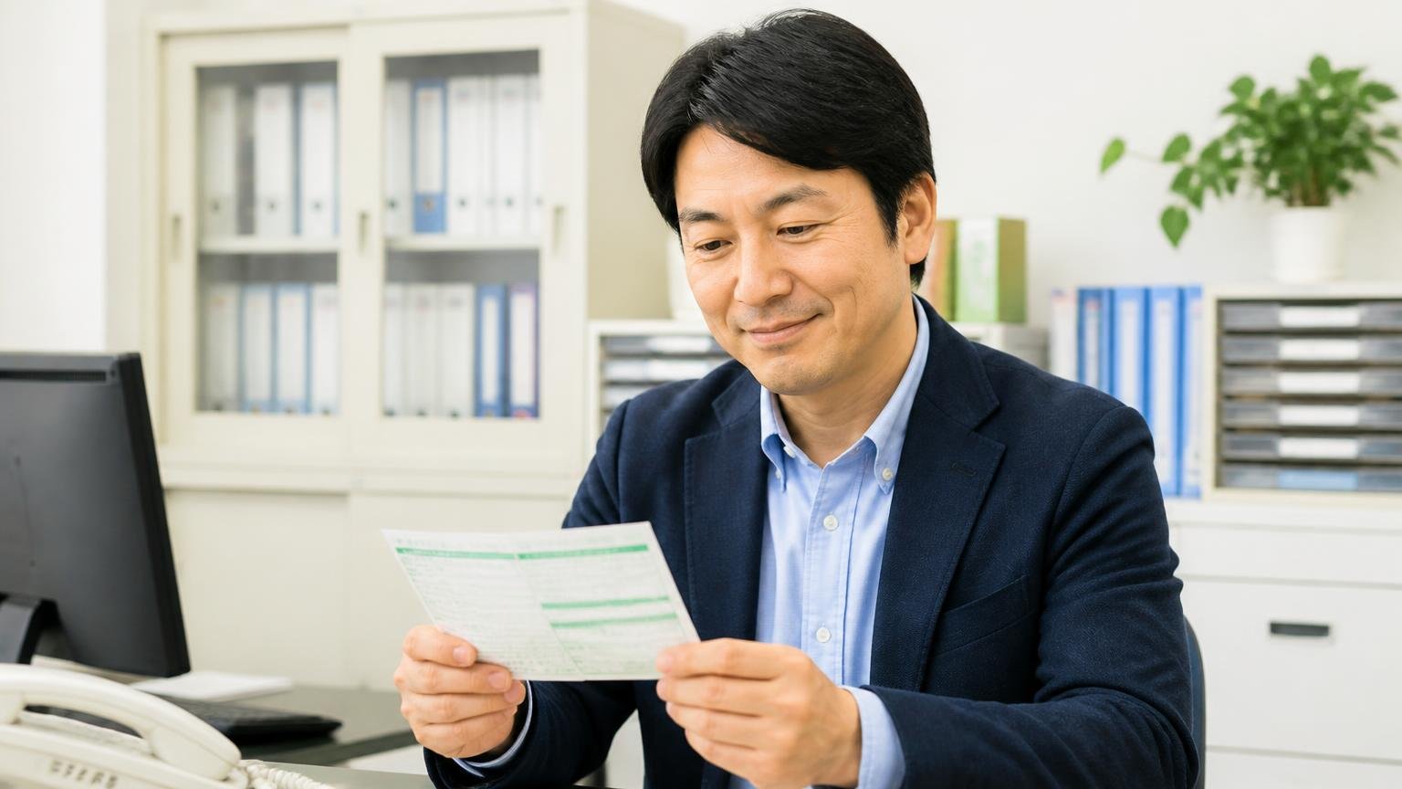 リサイクル料金は次の所有者に引き継がれるのが基本です 事務所でリサイクル券を手に取り確認する男性1人が納得した表情