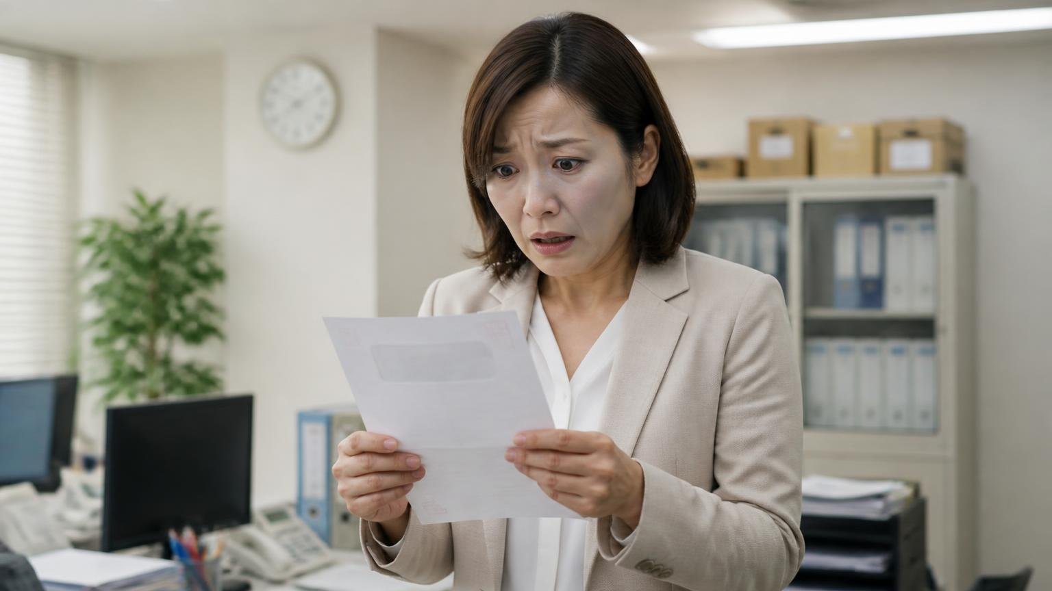 名義変更を放置すると罰金のおそれ。事務所に届いた通知書を手にした女性1人が青ざめた表情で立ち尽くす