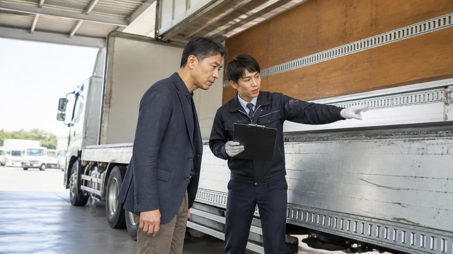 査定当日とその後にやること｜車庫に停めた4tウイングの荷台を査定士と一緒に確認する経営者が真剣な表情