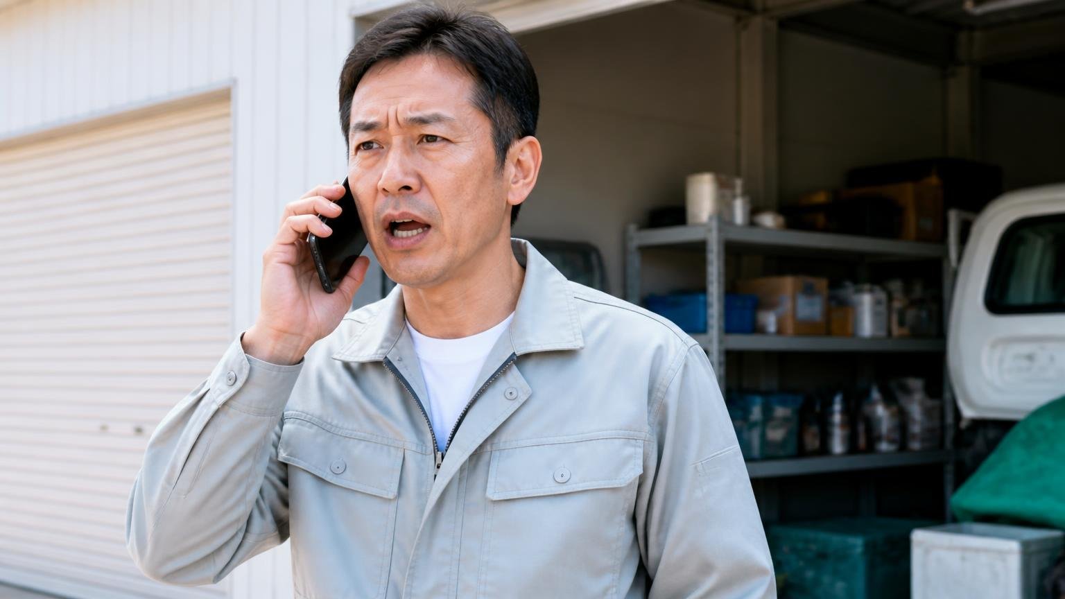 最初の1本目で連絡手段と時間帯を指定する。車庫の前でスマホを耳に当てた男性1人がはっきりと話す表情