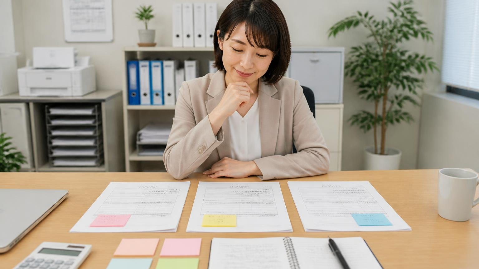 この記事で分かったことの整理｜事務所の机で3社の見積書とメモを並べ落ち着いた表情でうなずく女性