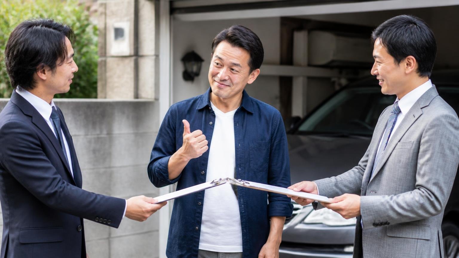 評判を確認したら次は金額を並べる 車庫の前で2社の査定担当者から見積書を受け取る男性1人が笑顔でうなずく
