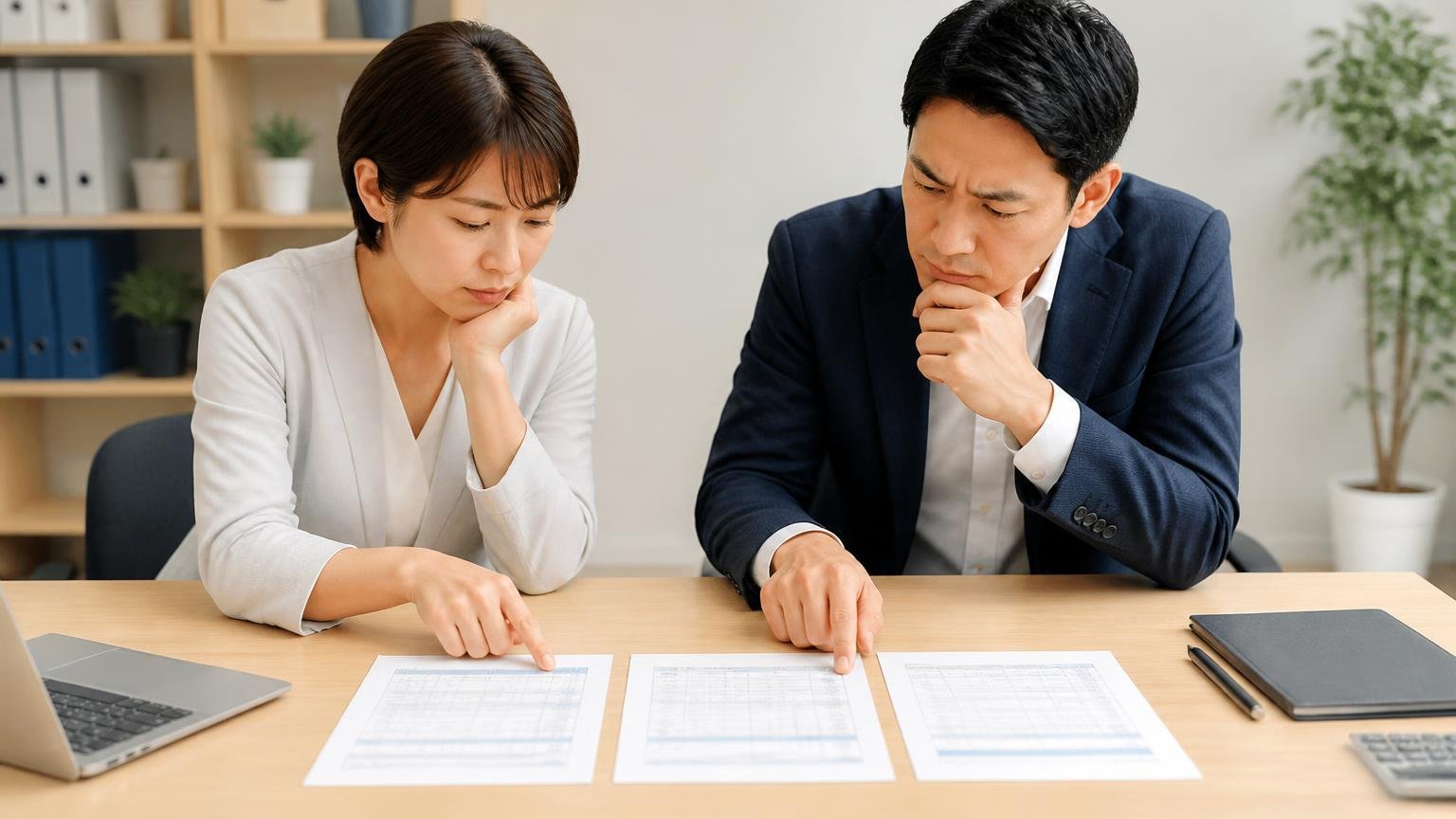 依頼は3社程度に絞る。事務所の机に3枚の見積書を並べる女性1人と男性1人が数字を見比べる