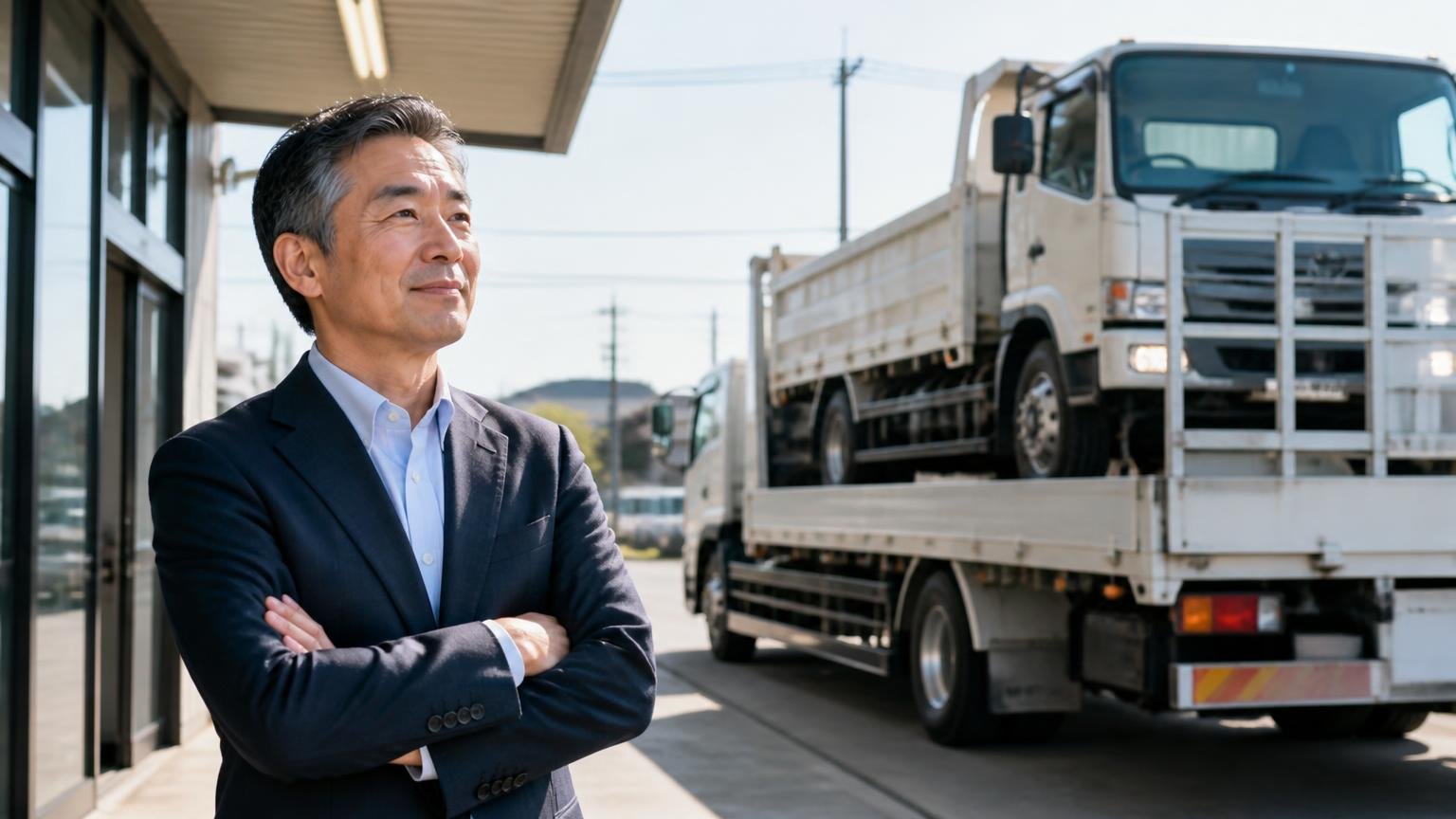評判を比べる材料に変える｜営業所の前で積車に載せられて出ていくトラックを穏やかな表情で見送る経営者