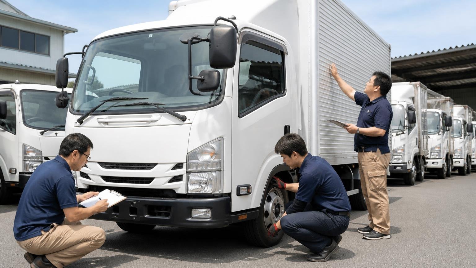 同じ日にまとめて来てもらう。営業所の車庫に停めたトラックの周りで査定する男性3人が同時に車両を見て回る