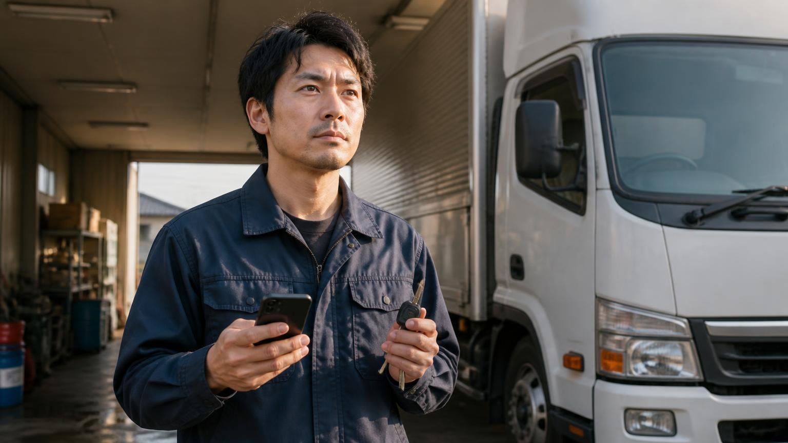 評判を確認したあなたが次にやること 早朝の車庫でトラックのキーを握りしめスマホを開く男性1人が決意した表情