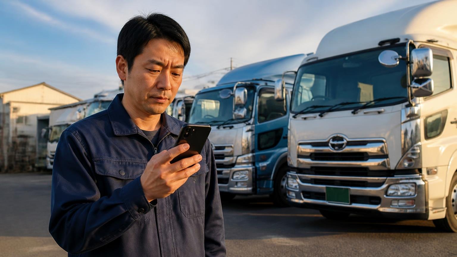 今日、無料査定を取っておきたいトラック買取業者3選 夕方の車庫でトラックを背にスマホを手に取る男性1人