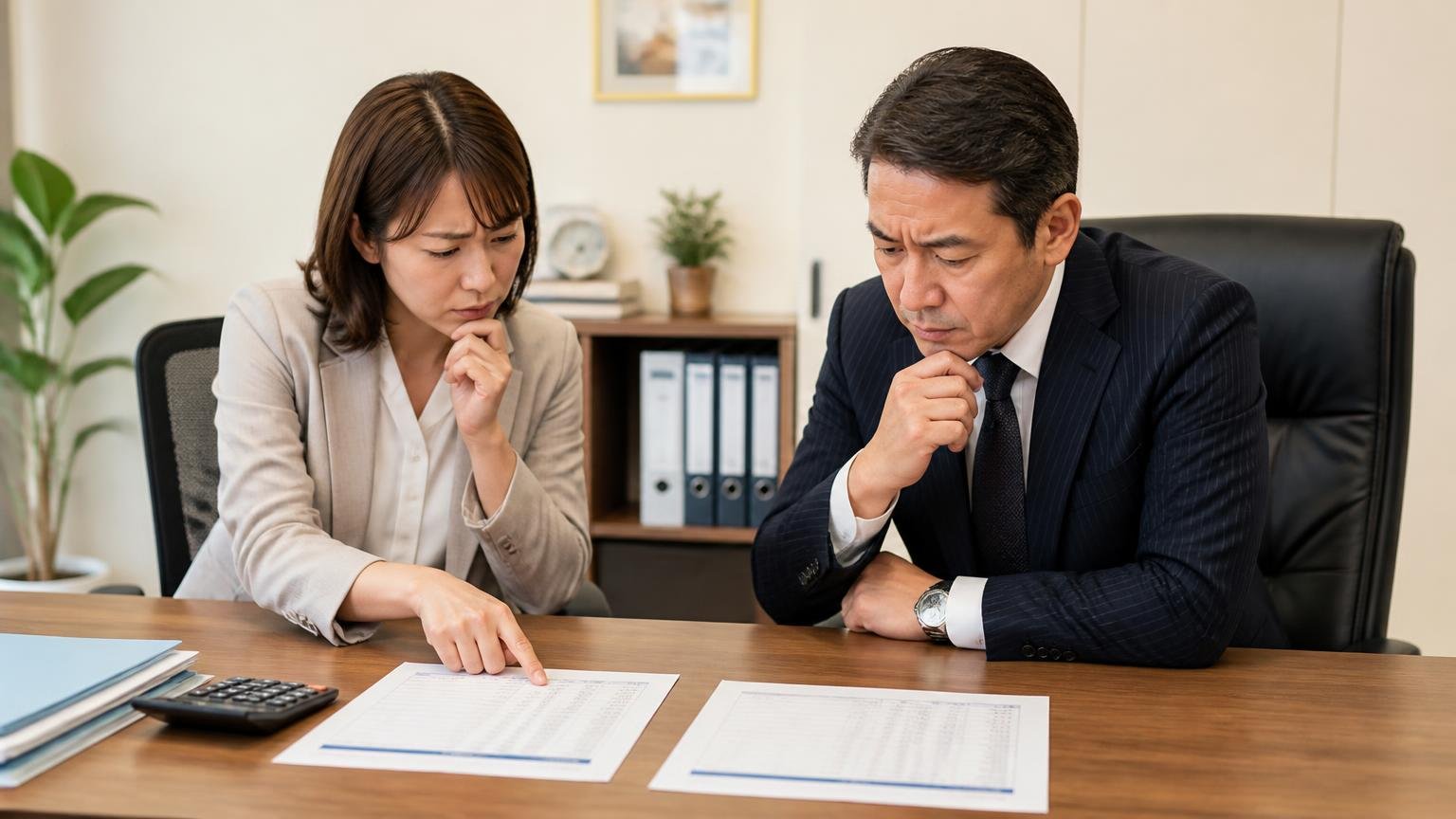 評判を読み終え次は金額を比べる場面を事務所の机に2枚の見積書を並べて見比べる事務担当1人と社長1人の場面
