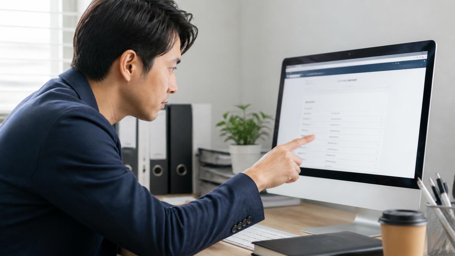 開業・資本金・古物商許可番号を確認する。事務所のパソコン画面で会社概要ページを開き、男性1人が指差して確認する