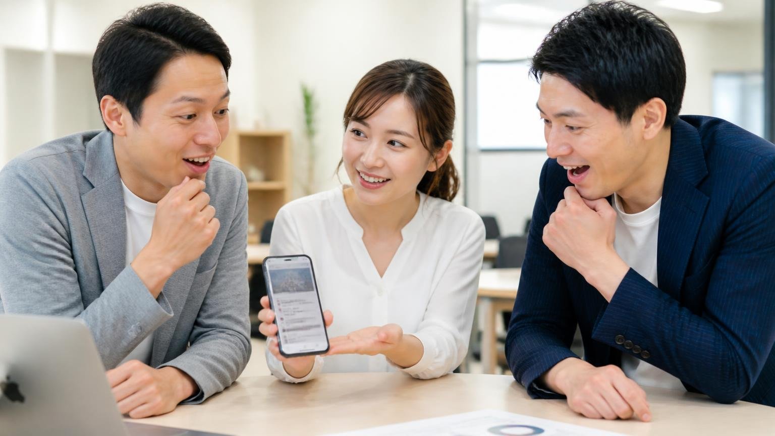 会社概要から読み取れる3つの事実｜事務所でスマホの会社概要ページを見せながら相談する女性と男性2人が納得の表情