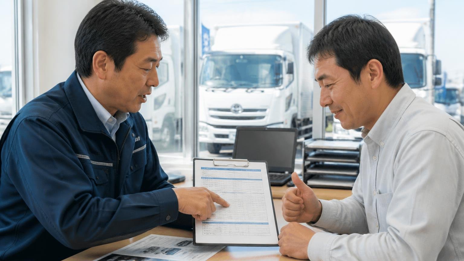 見積もりが細かい 中古トラック展示場の事務所で項目ごとの見積書を指差して説明する男性2人 納得してうなずく