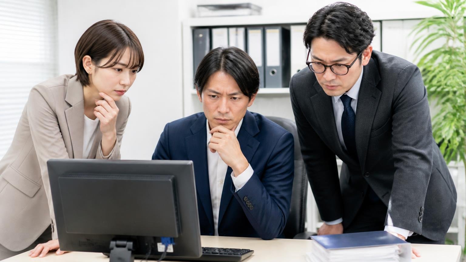 会社概要と古物商許可の確認 事務所のパソコンで会社情報を確認する男女3人が真剣な表情