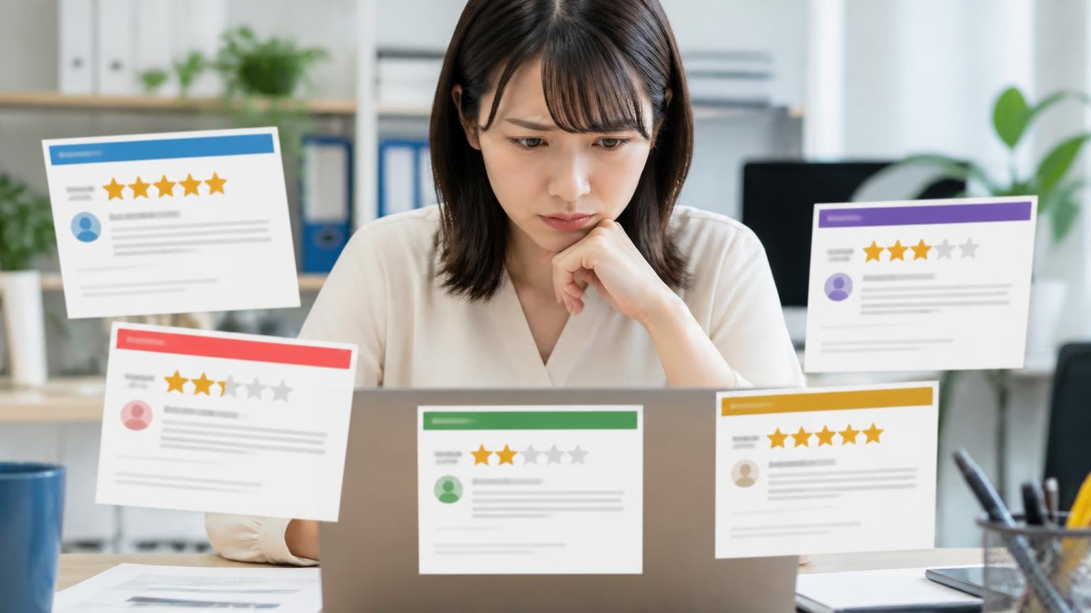 ★は媒体と店舗で3.0にも5.0にもなる 事務所で複数の口コミサイトを開いたパソコン画面を見比べる場面 女性1人 眉をひそめる表情