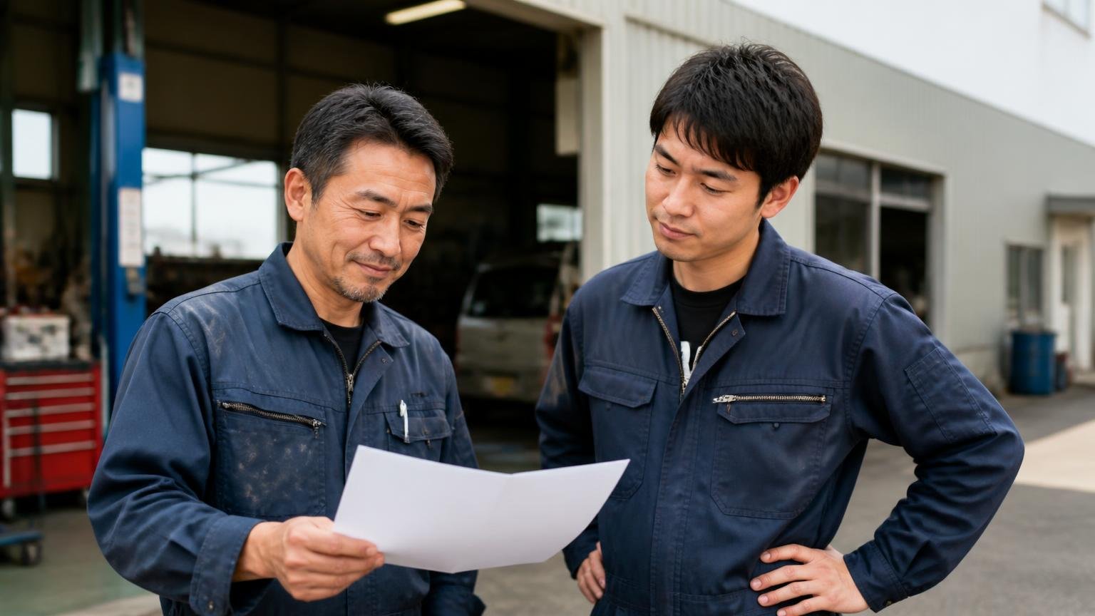 1968年設立・指定工場・古物商許可。会社の基本情報を確認する 整備工場の前で書類を確認する作業着の男性2人、うなずく