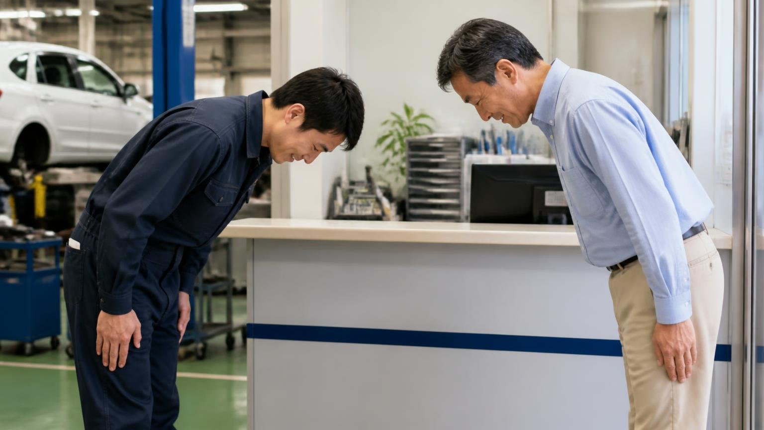 良い口コミは「心遣い」と「挨拶」への高評価 整備工場の受付で作業着のスタッフ1人と客1人、笑顔で深くお辞儀する