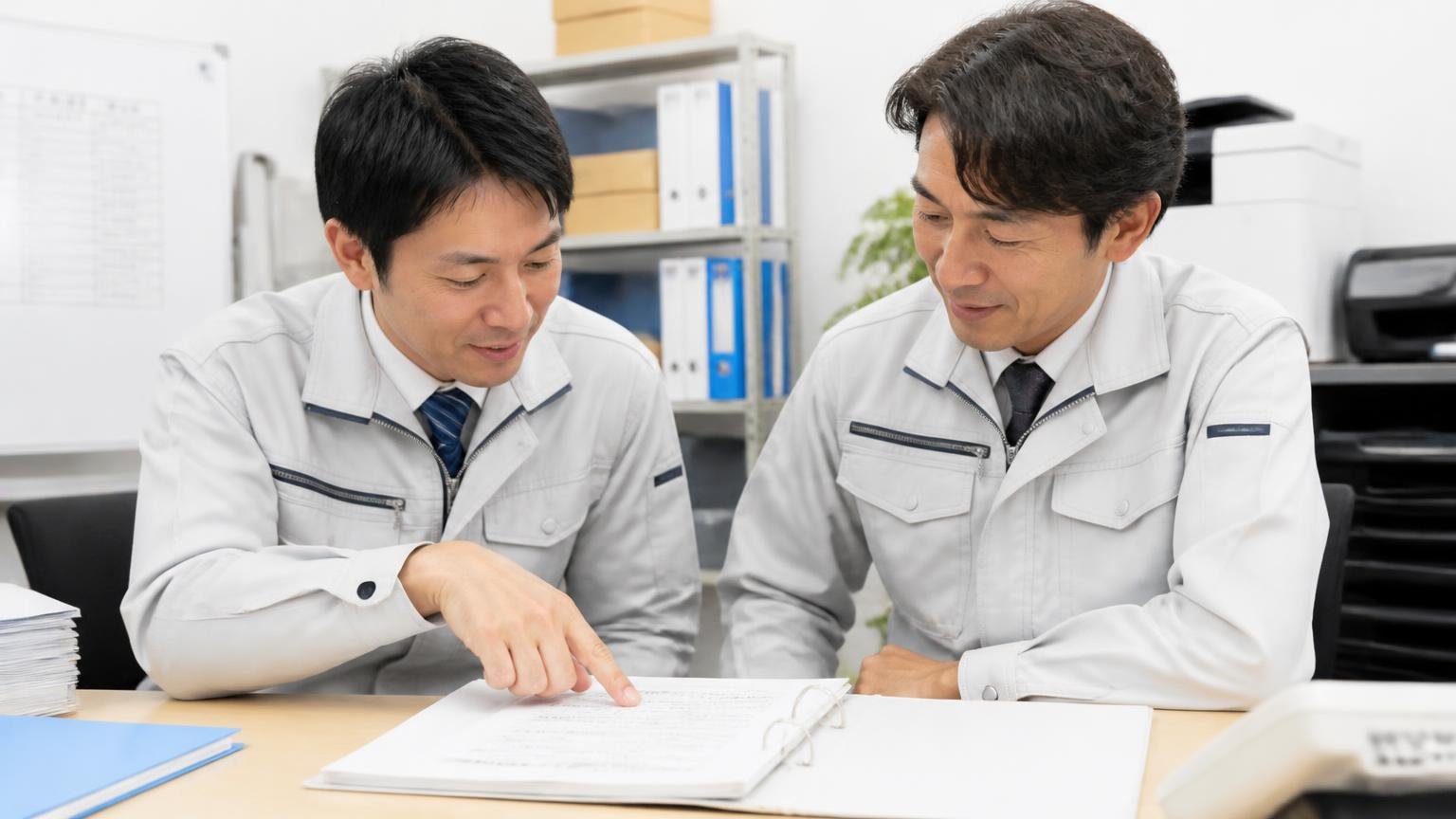 設立は平成2年、資本金3,000万円、古物許可番号も公開 事務所の机で会社概要の書類を指さして確認する作業着の男性2人、うなずく