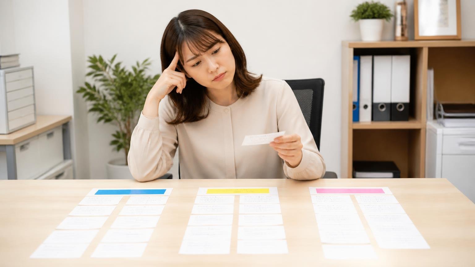 本文つき13件を「買った人・修理を頼んだ人・売った人」に分けた結果 事務所で口コミを紙に仕分ける女性1人、首をかしげる