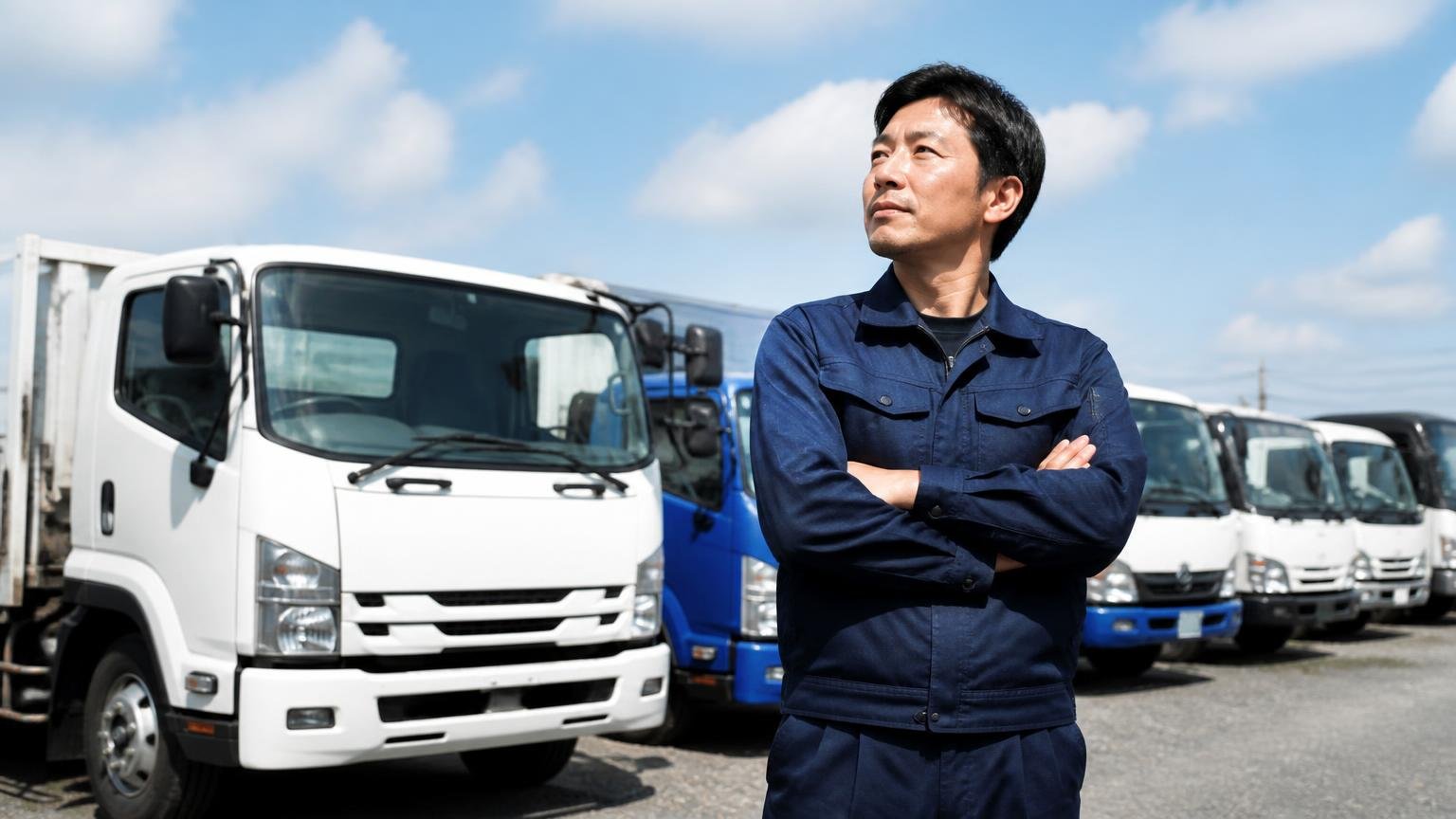 会社概要｜浜松市の中古トラック専門店、従業員10名・古物商許可あり、広い展示場に並ぶ中古トラックの前で腕組みして見上げる作業着の男性1人