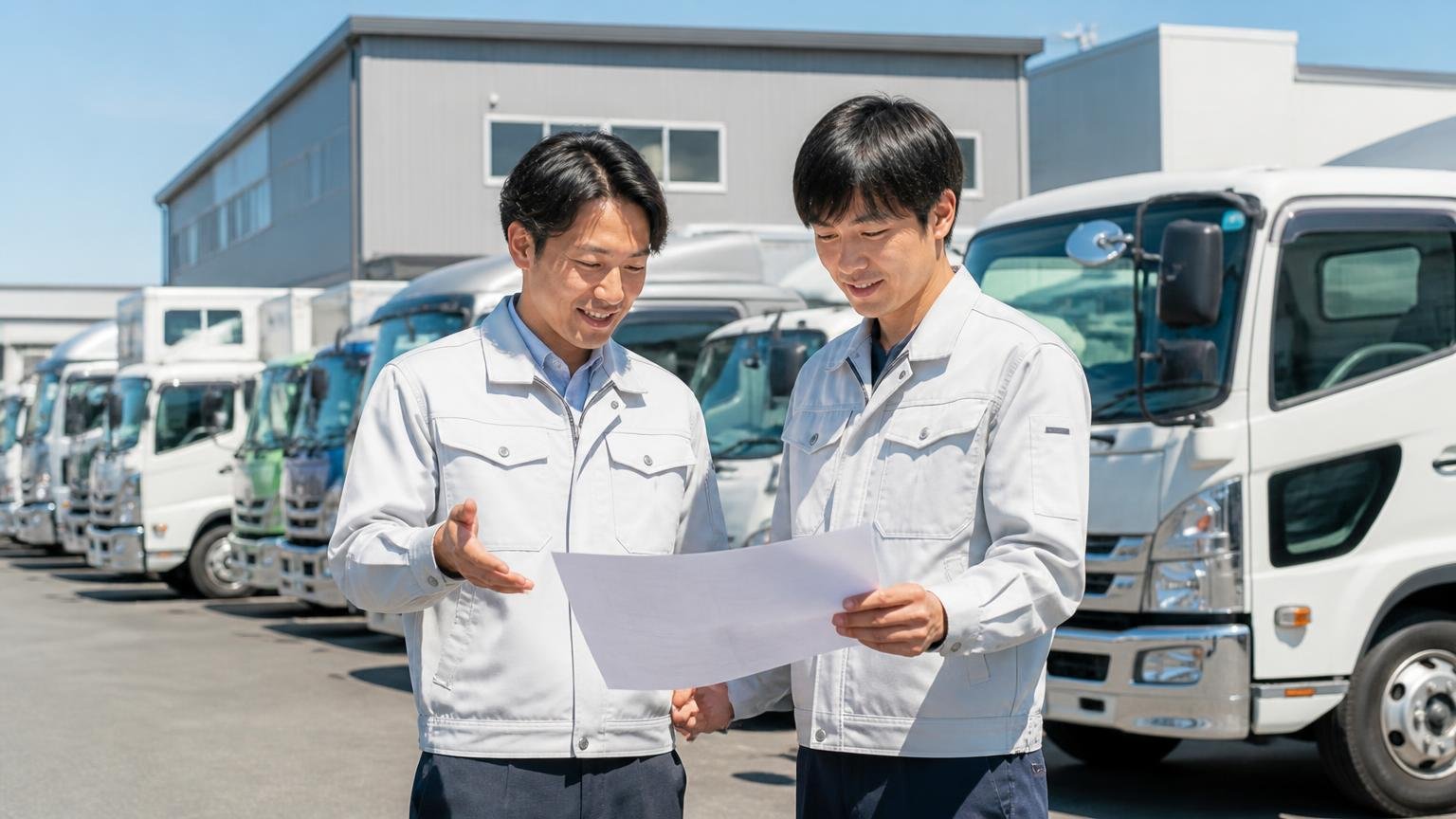 会社概要は摂津市に2拠点で売買とレンタル・リース、中古トラックが並ぶ展示場の前で書類を手に説明する作業着の男性2人