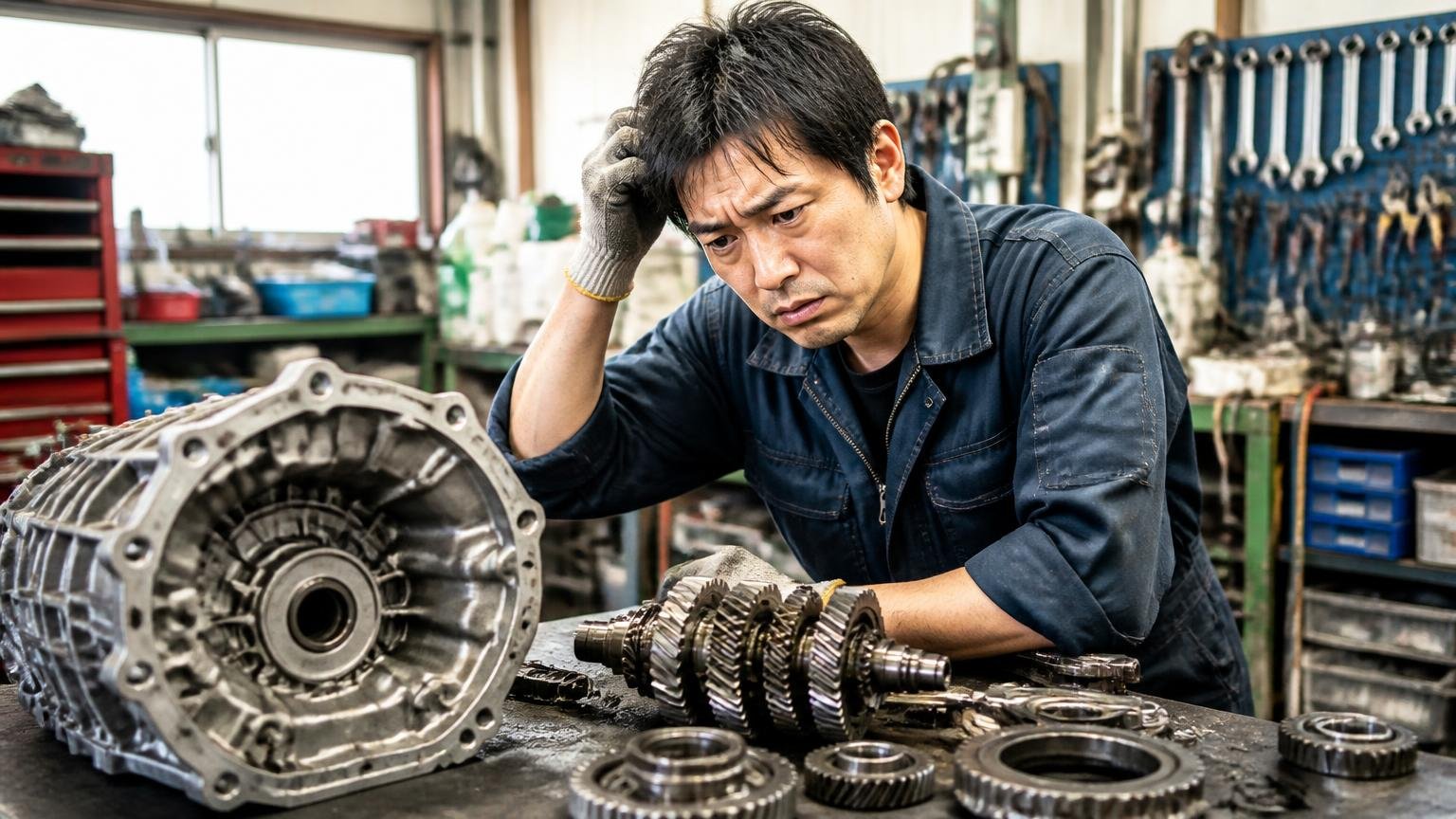★1の原文を読むと「リビルトミッションを買った人」の声だと分かる。整備工場の作業台でトランスミッション部品を前に困った顔をする整備士の男性1人