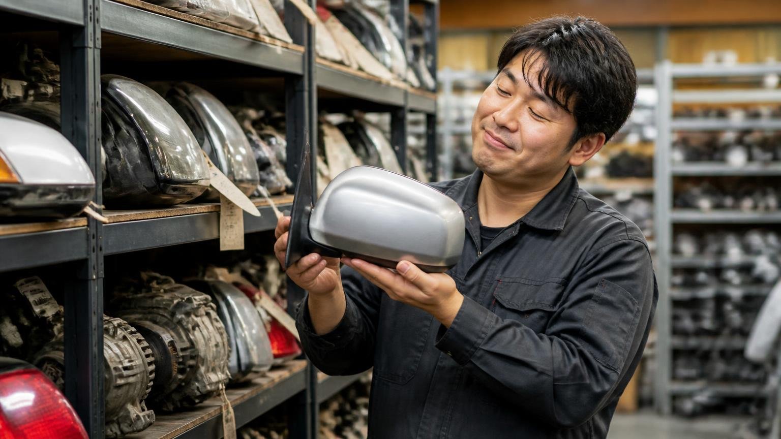 「安くて程度の良いパーツ」部品を繰り返し買っている人の★5。部品倉庫の棚の前でサイドミラーを手に取り満足そうに頷く整備士1人