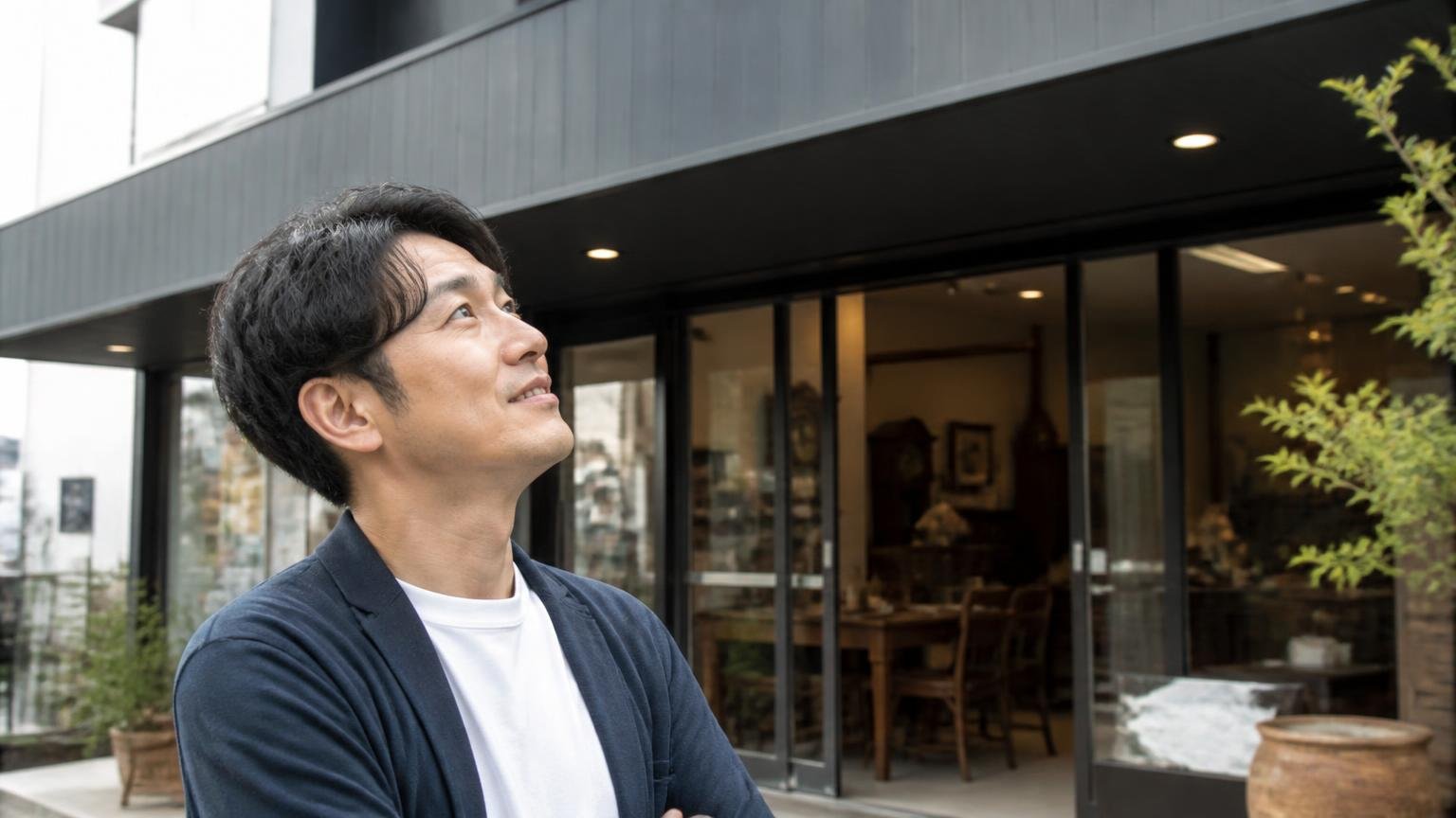 創業80周年・古物商許可番号まで公式サイトに公開されている。久留米市の展示場の入口前で、看板を見上げて安心した表情の男性1人