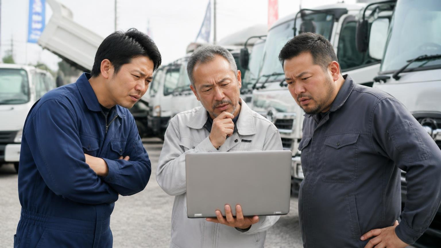 口コミサイトにレビューが無い理由、中古トラック展示場で男性3人がパソコン画面を覗き込み首をかしげる