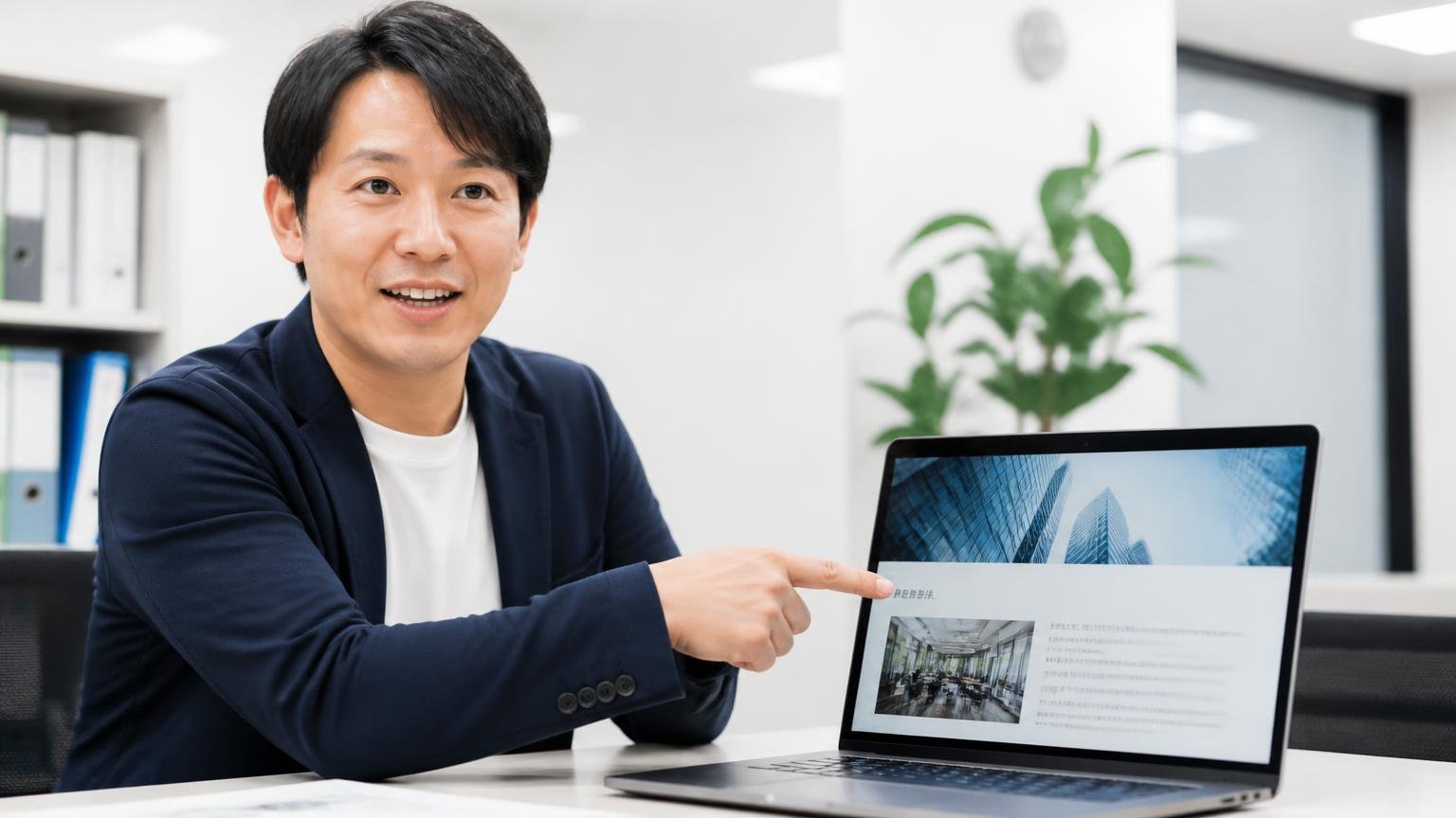 2025年に東証スタンダード上場グループの傘下に入っている 事務所でパソコンの会社概要ページを指さして説明する男性1人