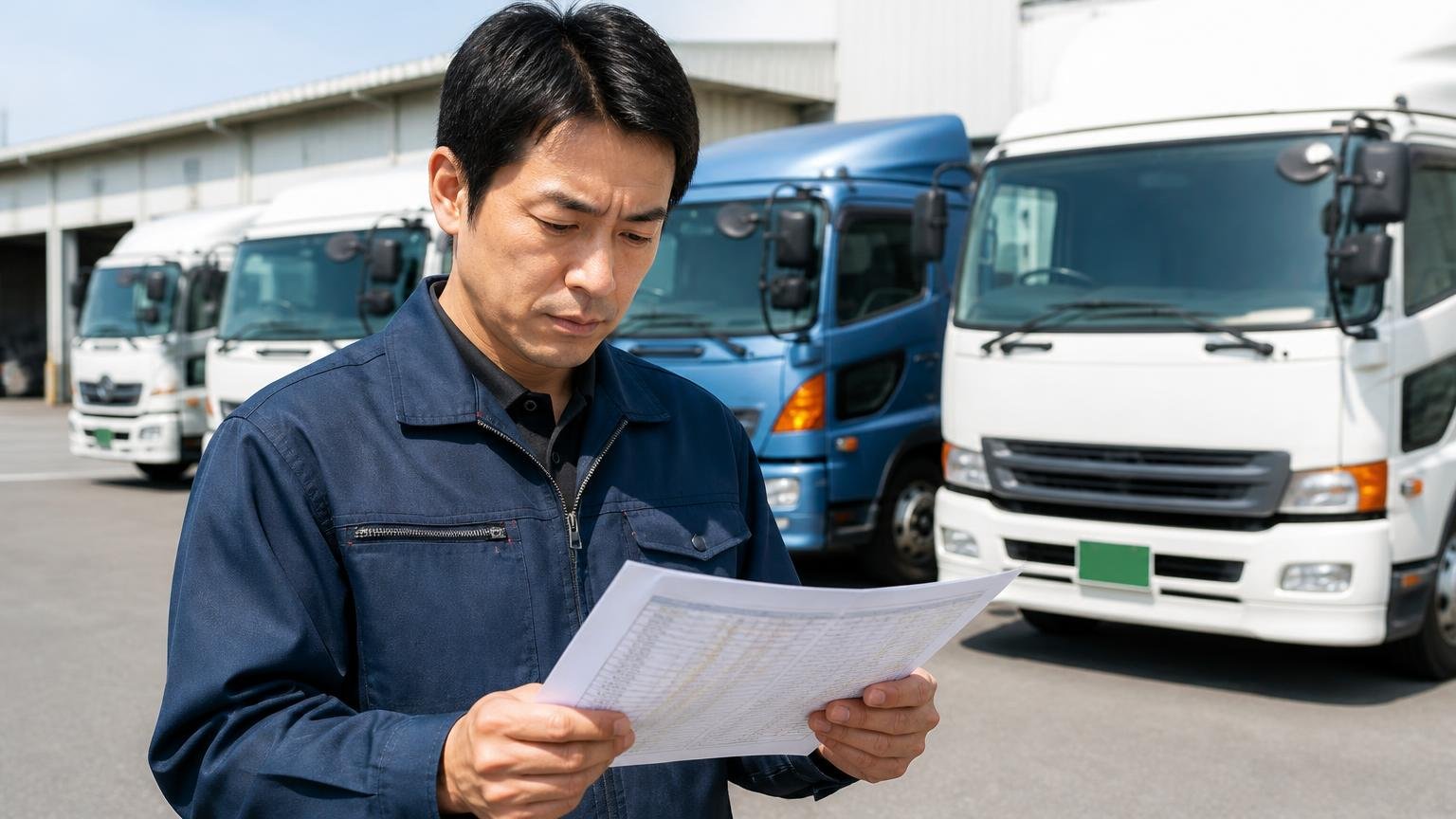 基本情報の早見表を確認する場面。トラックの並ぶ屋外の営業所で書類を手にした男性1人が真剣な表情で読み込む