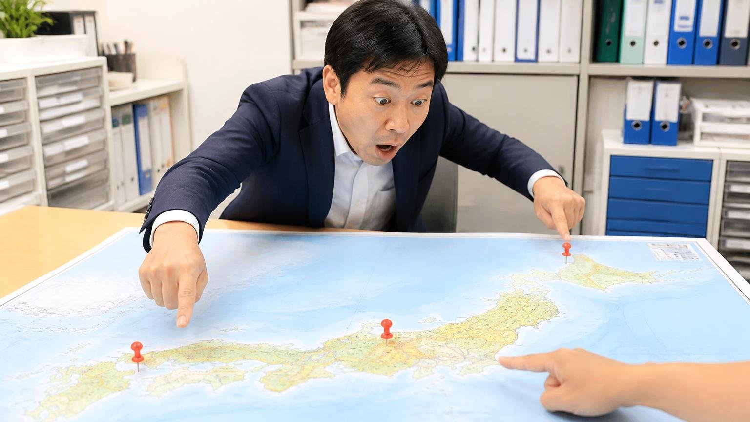 同名の別会社が全国に複数ある、日本地図を広げた事務所の机、男性1人、驚いた表情で地図の3か所を指す