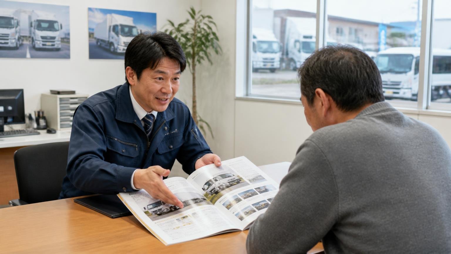 運営会社の確認。トラック展示場の事務所で、男性社員が来客の男性に会社案内を広げて説明する
