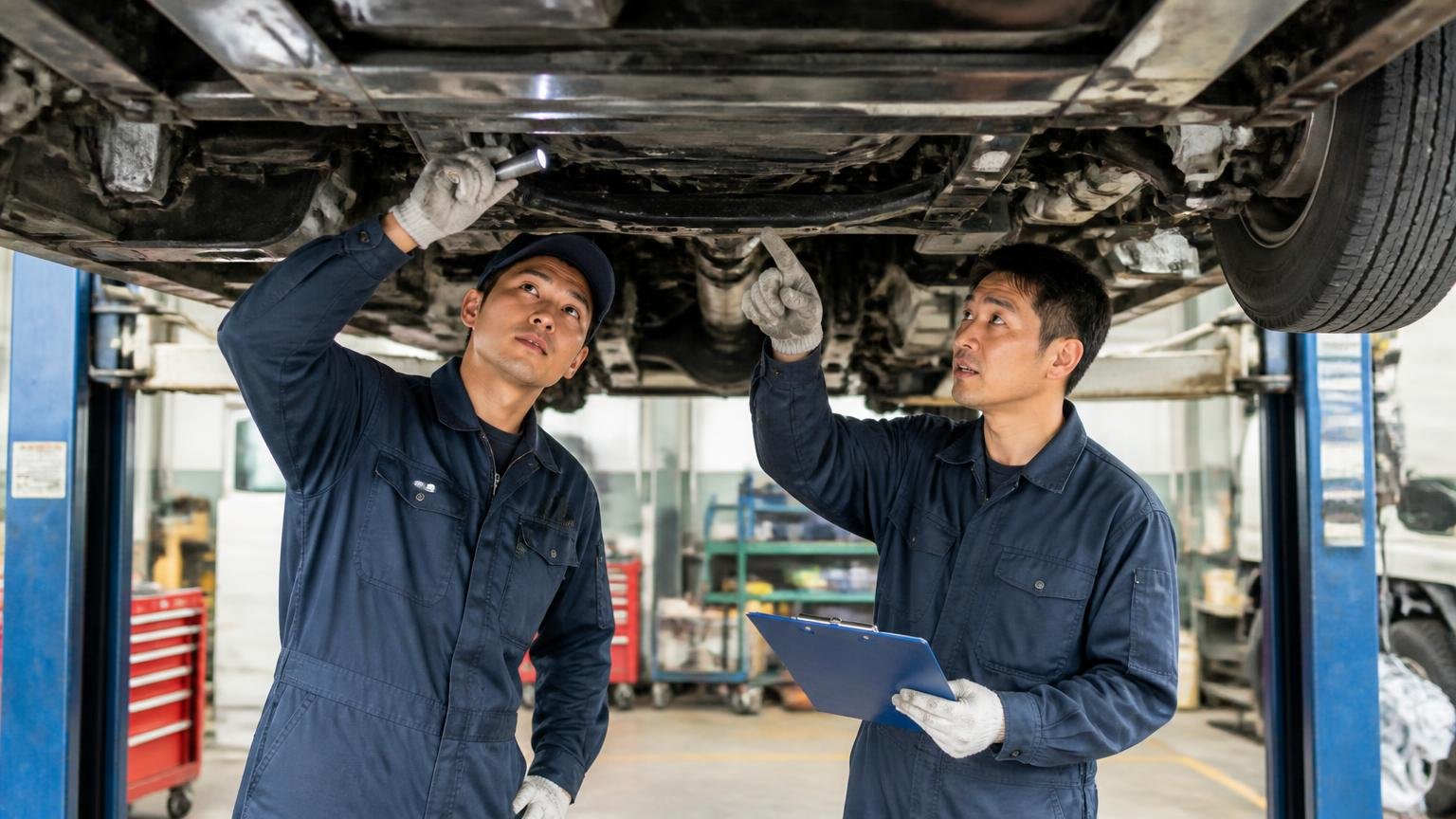 販売・買取・整備・レンタカーを1社でやっている 整備工場でトラックの下回りを見上げる整備士2人が説明する