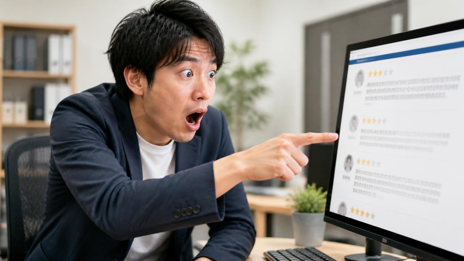 ★2.9は働いていた人の声。事務所でパソコン画面の口コミサイトを指さす男性1人が驚いた表情
